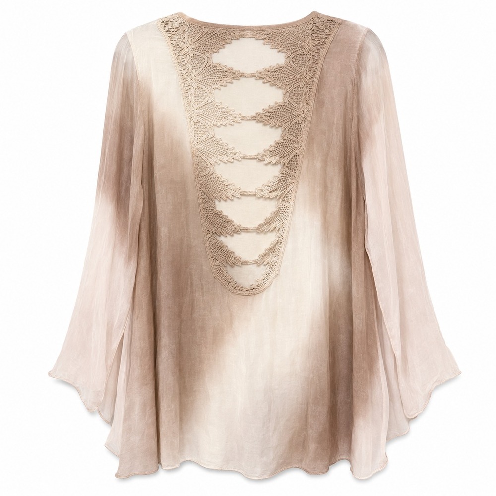Belle France Romantic Artsy Silk Top Women Size XL Whimsical Quiet Luxury Chic